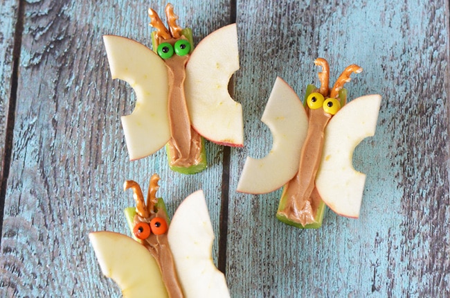 I'm always looking for fun, healthy snacks for kids. And these butterflies combine a fruit and vegetable and protein with a little chocolate treat for kids!