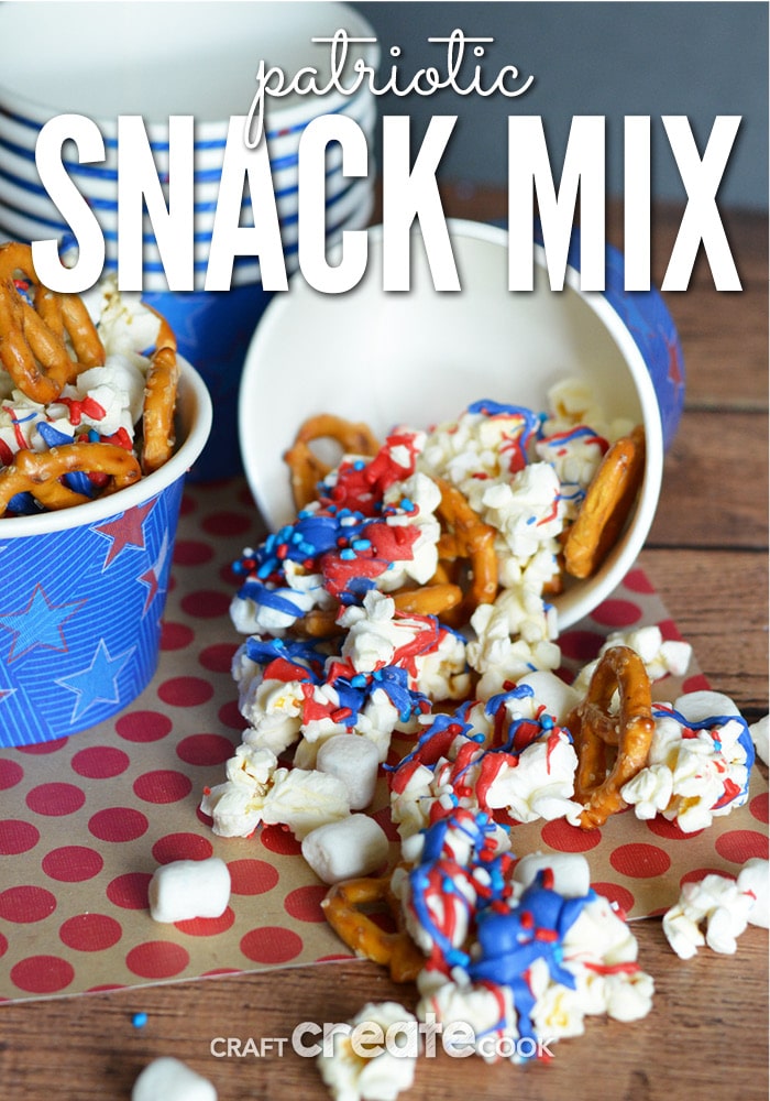 With a handful of simple products, you can make this red, white and blue patriotic snack mix for your next outing and be the hit of the party!