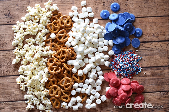 With a handful of simple products, you can make this red, white and blue patriotic snack mix for your next outing and be the hit of the party!
