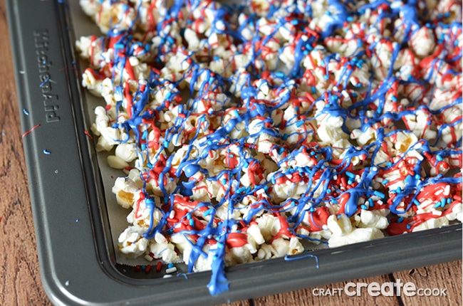 With a handful of simple products, you can make this red, white and blue patriotic snack mix for your next outing and be the hit of the party!