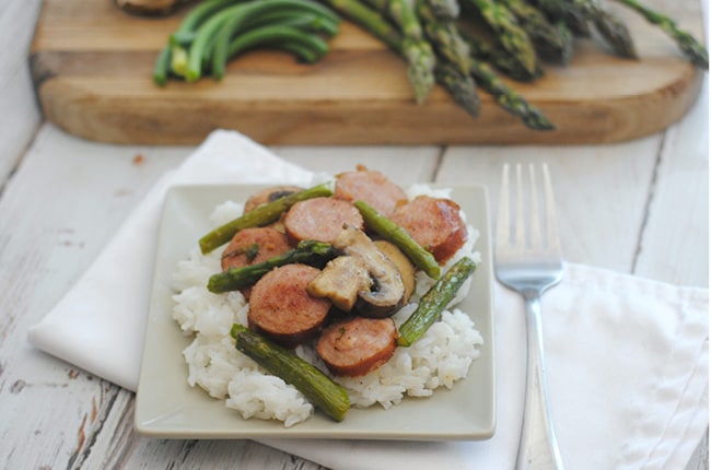 Seasonal asparagus, smoked sausage and mushrooms are an easy go to meal for busy week nights.