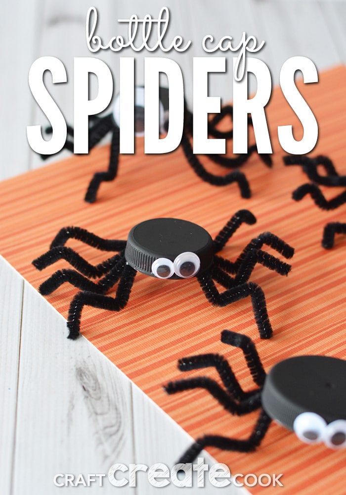 This bottle cap spider Halloween craft not only re-uses plastics in your home, it adds a friendly addition to your Halloween decor.