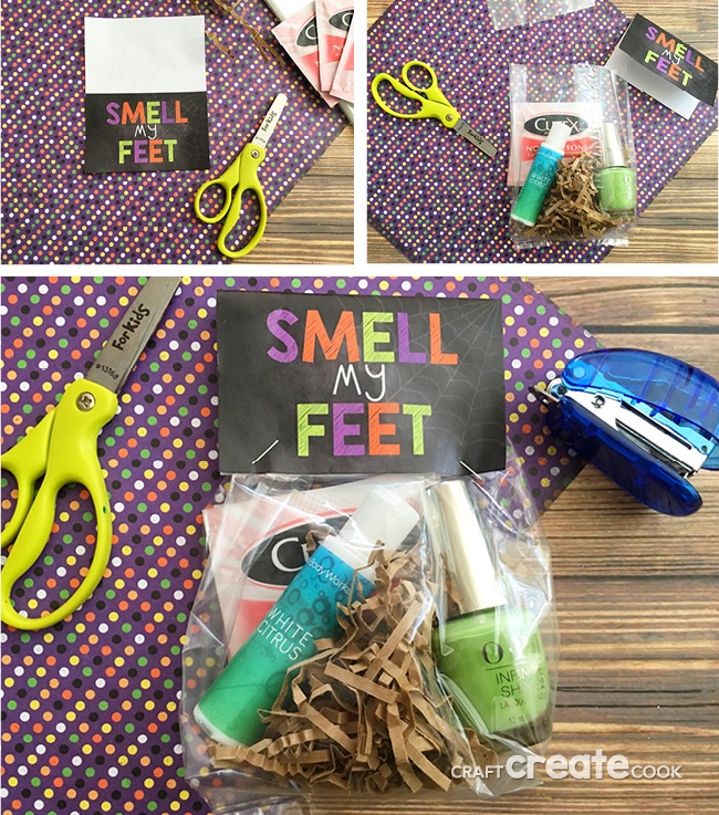If you're looking for a cute gift for your friend, neighbor, or kid's teacher, this Smell My Feet Halloween Goodie Bag will be a hit.