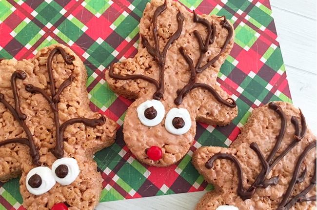 These no bake Reindeer Rice Krispie Treats are perfect for your holiday cookie swap, parties or to leave for Santa on Christmas Eve!
