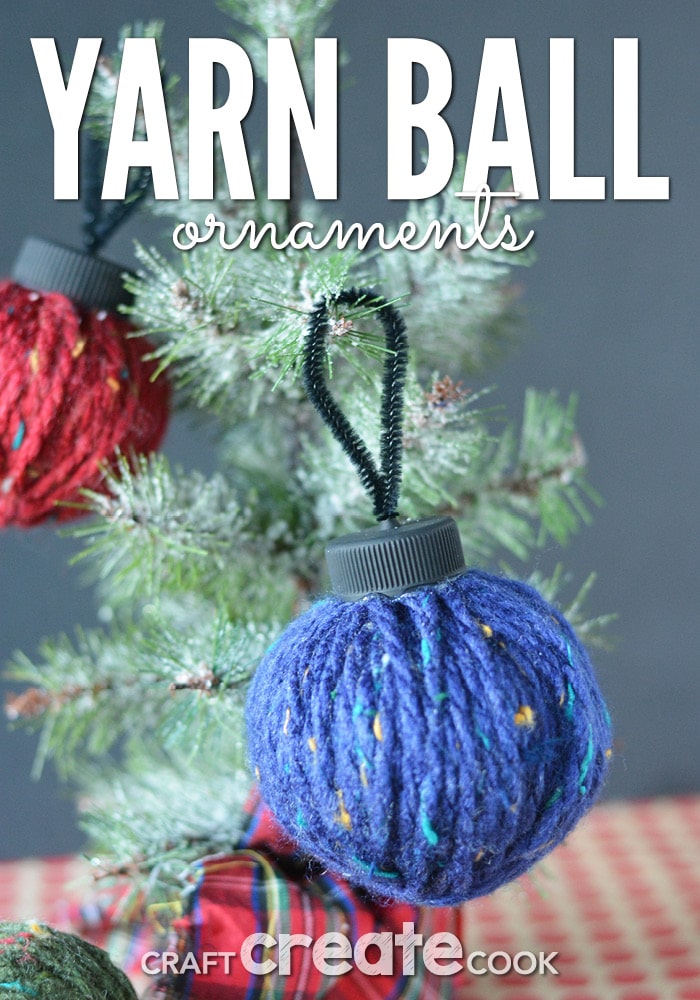 Reuse plastic shopping bags and bottle caps to make these easy and affordable homemade yarn ball ornaments.