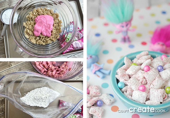 Sing, dance and hug while you make and eat this Trolls puppy chow!