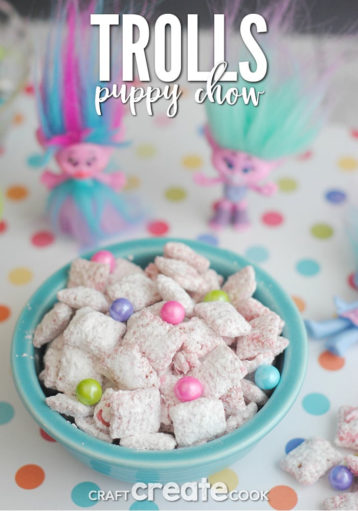 Sing, dance and hug while you make and eat this Trolls puppy chow!