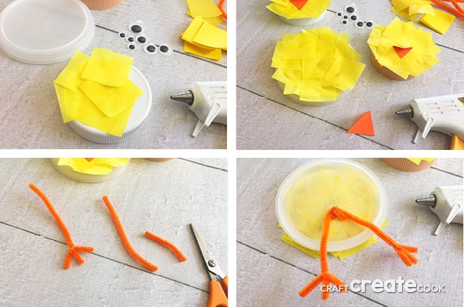 Teach your kids how to reuse, recycle and craft at the same time with our adorable Bottle Cap Chicks Easter Crafts.