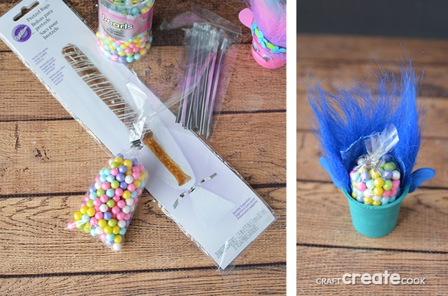 Reuse K-Cups to make Poppy and Branch Trolls Party Favors and fill with candy!