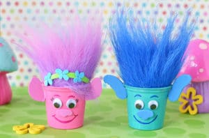 Reuse K-Cups to make Poppy and Branch Trolls Party Crafts and fill with candy!