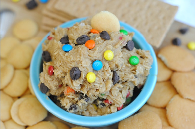 Eggless Monster Cookie Dip is perfect for when you don't want to bake cookies and just want to snack on cookie dough!