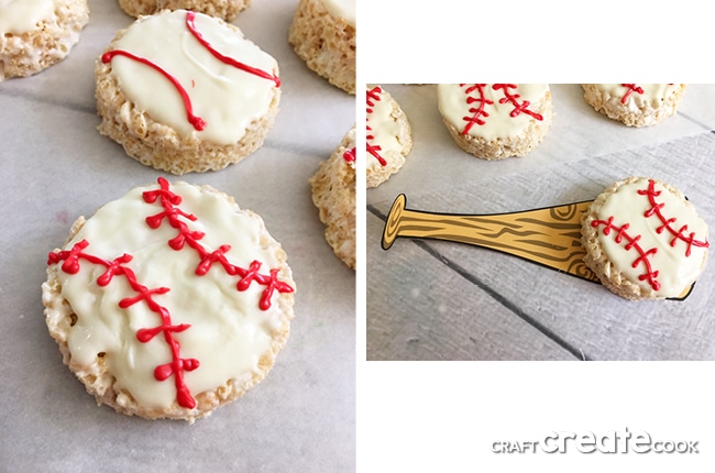 For it's one, two, three strikes you're out with our Baseball Rice Krispie Treats with Free Printable.