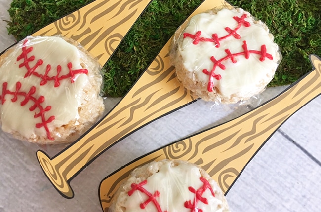 For it's one, two, three strikes you're out with our Baseball Rice Krispie Treats with Free Printable.