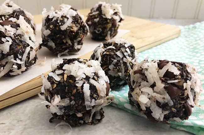 Our Dark Chocolate Coconut Almond Energy Bites are a perfect and delicious snack you can take with you anywhere.