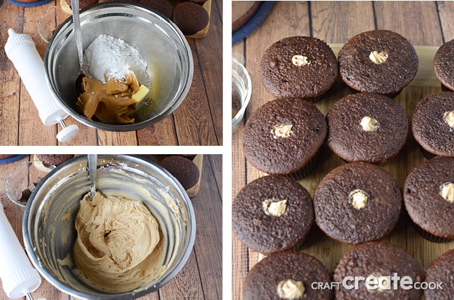 These chocolate peanut butter cupcakes have a tasty surprise inside!