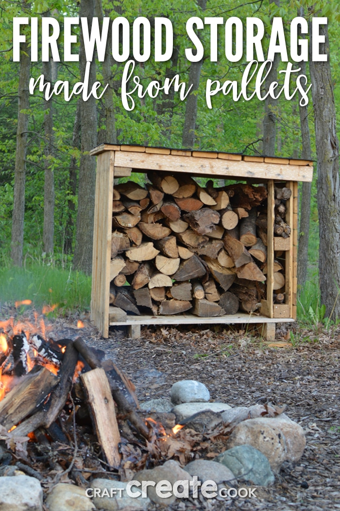 Make your own firewood storage using pallets to keep wood dry for your next family bonfire!