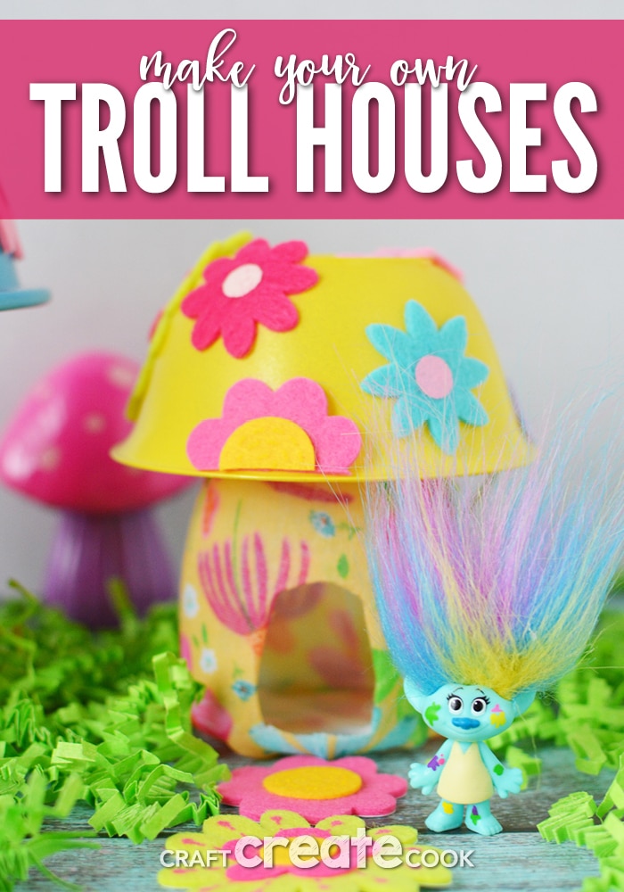 Make your own troll house using plastic recyclables and a few dollar store finds!