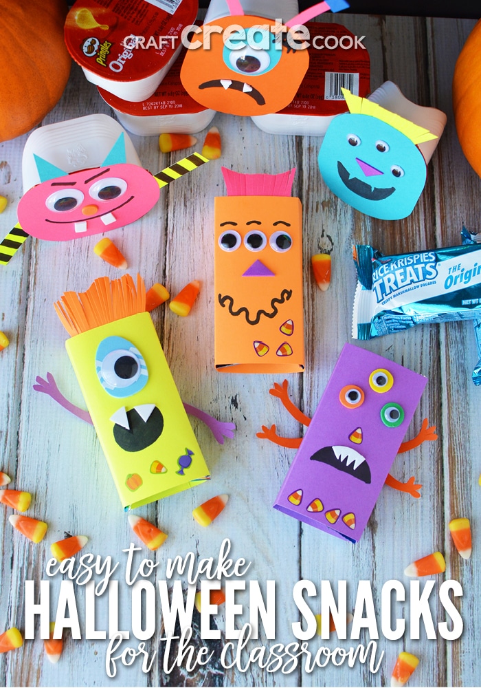 Grab the kids and make these easy monster themed Halloween snacks for the classroom!