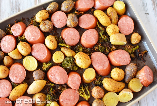 My sausage and broccoli sheet pan dinner can be on the table in less than 30 minutes!