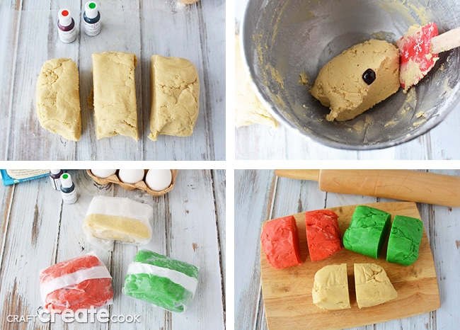 Adding food coloring to cookie dough to form slice and bake cookie for Christmas