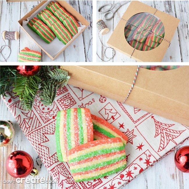 Collage image of slice and bake cookies in gift wrap for Christmas