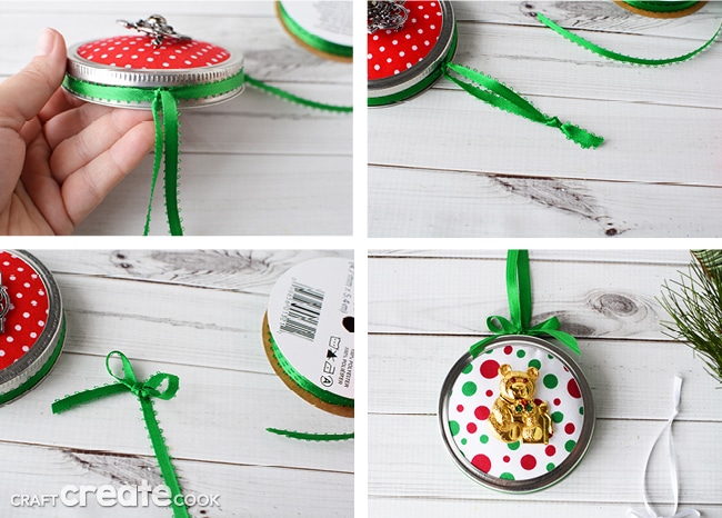Mason jar ornaments are easy to make and each one is unique with an upcycled Holiday broach.