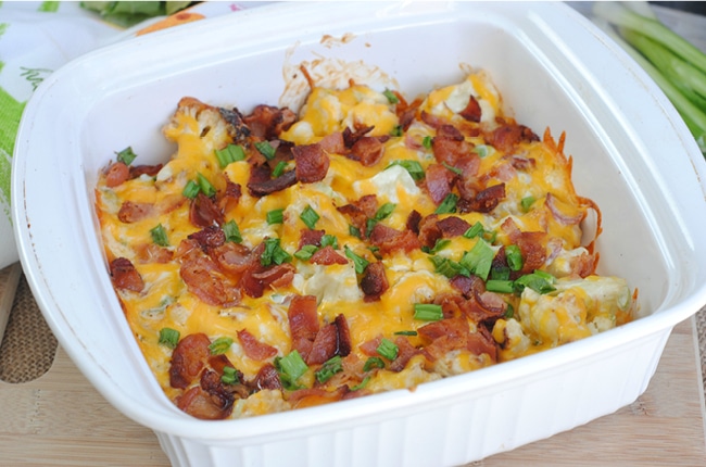 This Keto friendly low carb loaded cauliflower casserole is sure to be a hit!