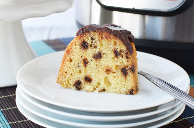 This Instant Pot Chocolate Chip Cake Recipe is dense and rich with a chocolate ganache topping.