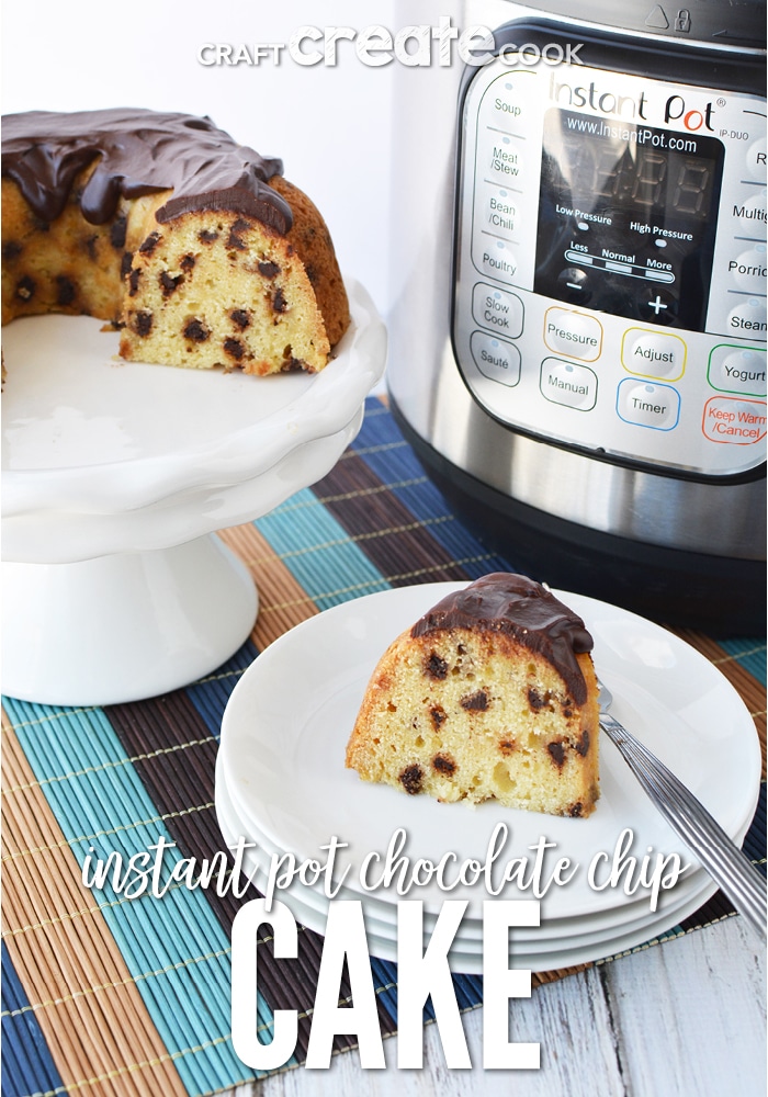 This Instant Pot Chocolate Chip Cake Recipe is dense and rich with a chocolate ganache topping.