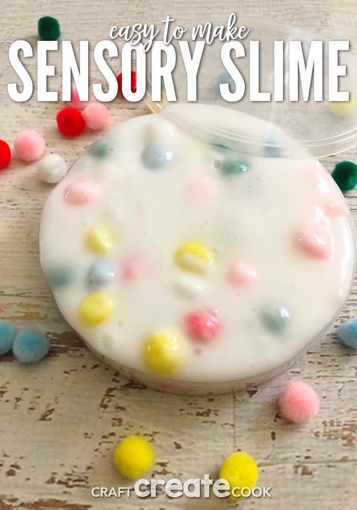 Our Sensory Slime is the perfect gooey slime with colorful pom pom balls for fun.