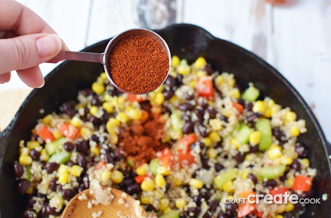 This corn and black bean quinoa recipe makes an excellent side dish or meatless Monday meal solution.