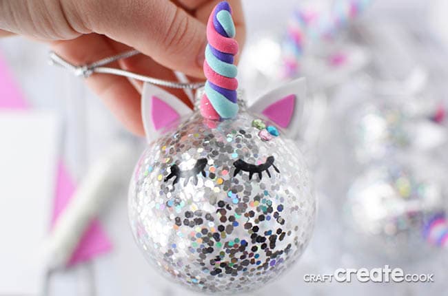 Up close image of a DIY unicorn horn Christmas tree ornament