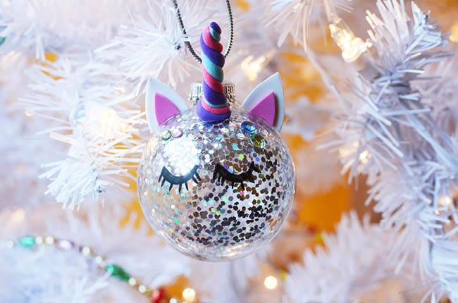 An up close picture of a homemade unicorn horn ornament for Christmas