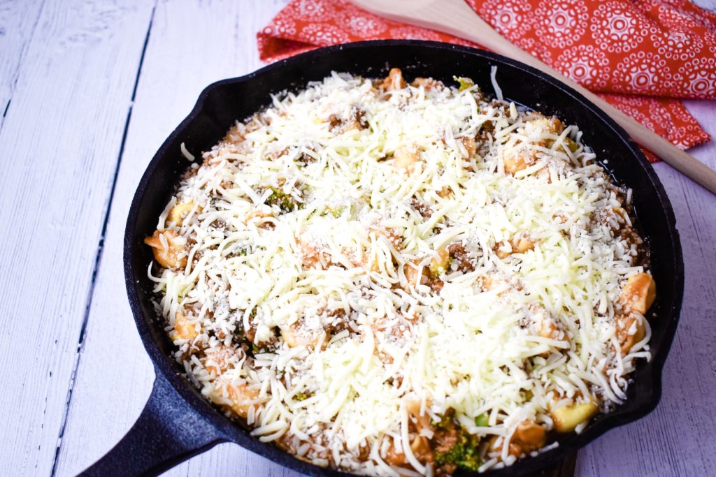 Shredded cheese on tortellini casserole 