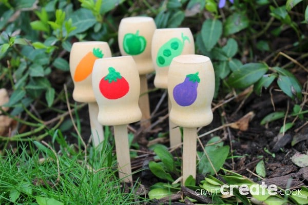 Wooden garden markers in garden