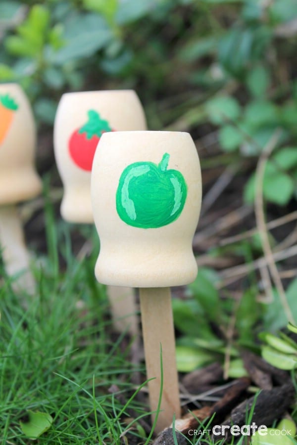 Wooden garden markers in garden