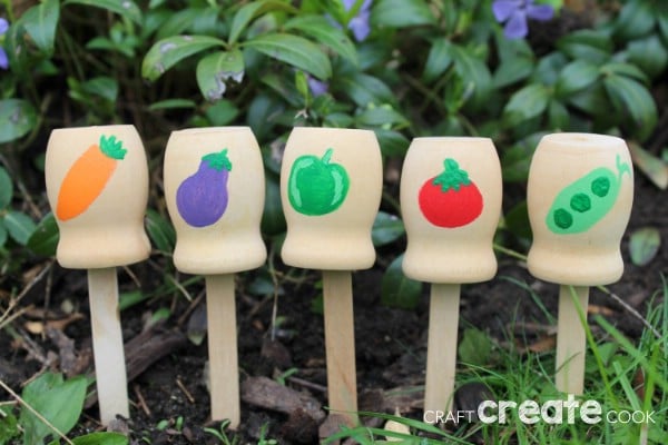 Wooden garden markers in a row