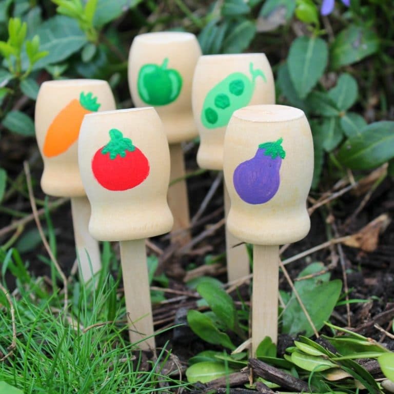 Wooden garden markers in garden