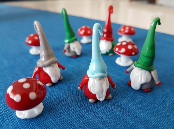 Miniature Glass Gnomes and Mushrooms