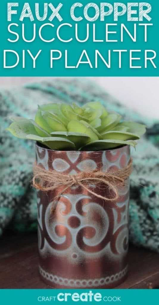 Faux copper tin can planter on wood table