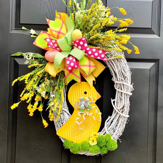 Spring Baby Chick Wreath-Easter Eggs Front Door Hanger-Spring | Etsy