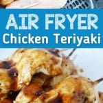 Collage image of chicken teriyaki in air fryer with blue banner across middle