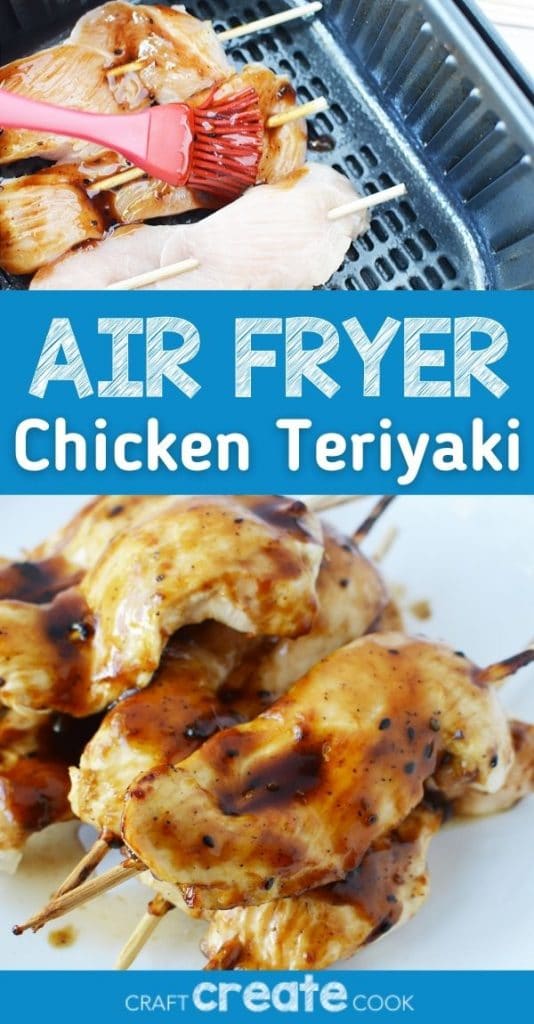 Collage image of chicken teriyaki in air fryer with blue banner across middle