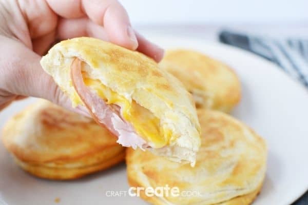 Hand holding biscuit sandwich with bite out