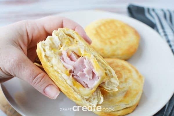 Hand holding air fryer biscuit sandwich