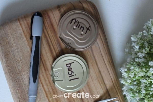 Writing plant name on tin can lids